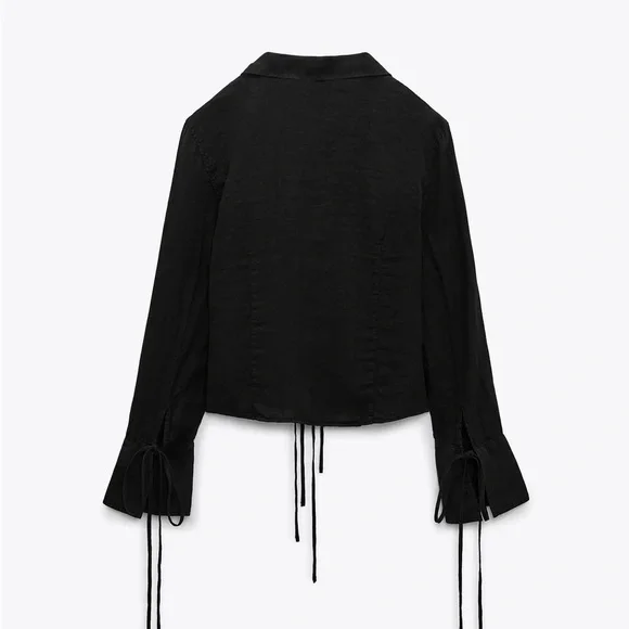 NEW🖤 100% Linen Black Tie-Front Blouse - Picture 4 of 4